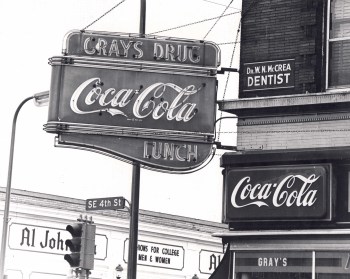 Historical black and white photo of Gray's drug store